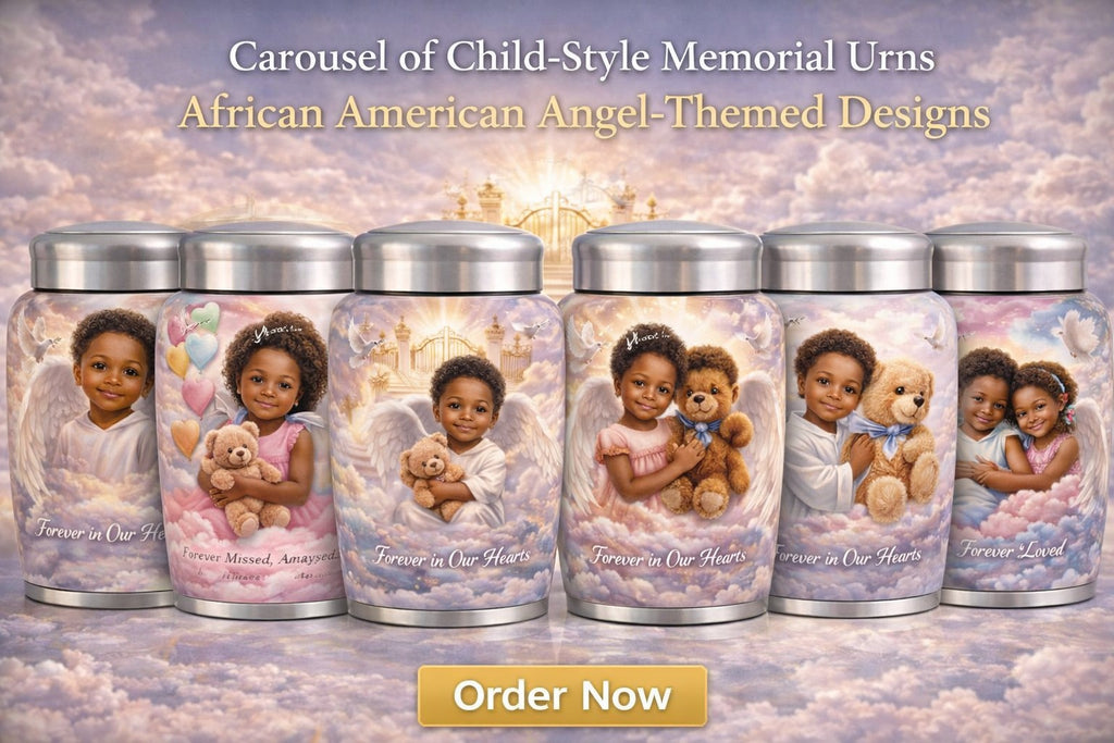 Silver Custom Memorial Urn – Personalized Full-Wrap Photo & Angelic Remembrance Design   Product Description