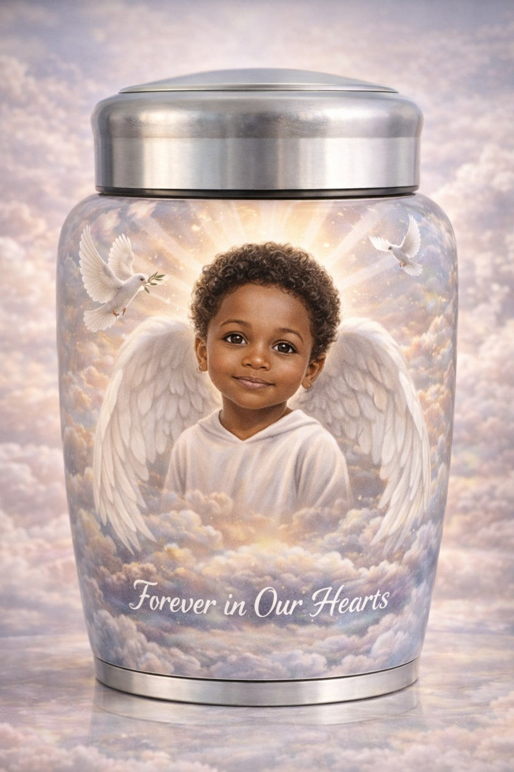 Silver Custom Memorial Urn – Personalized Full-Wrap Photo & Angelic Remembrance Design   Product Description