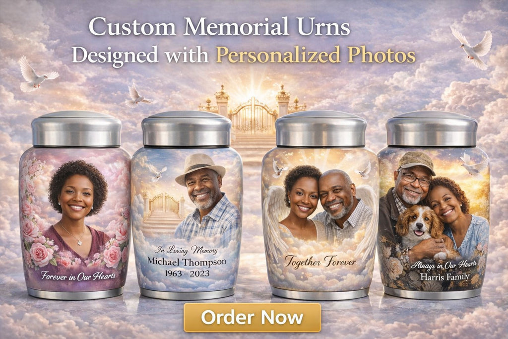 Silver Custom Memorial Urn – Personalized Full-Wrap Photo & Angelic Remembrance Design   Product Description